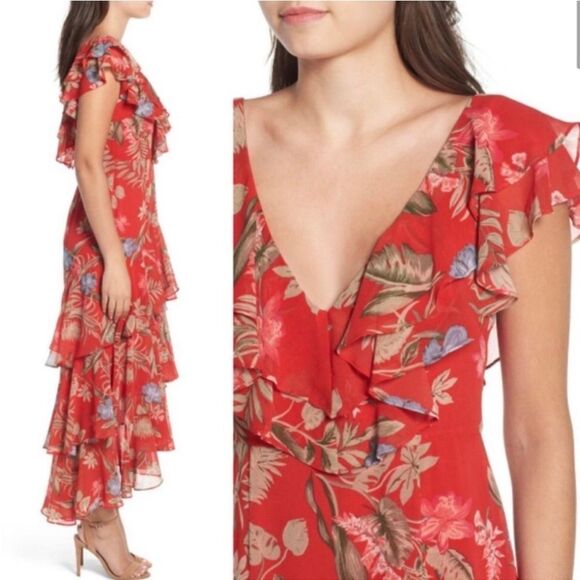 WAYF Chelsea Tiered Ruffle Maxi Dress Red Tropical Flutter Sleeves Floral NEW 1X - Picture 2 of 16